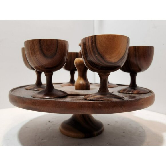 Vintage Mid Century Modern Wooden Wine Goblets with 6 Goblets and Tray - Picture 2 of 15